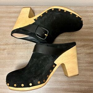 Veronica Beard Dacey Buckle Suede Black Clog Mule